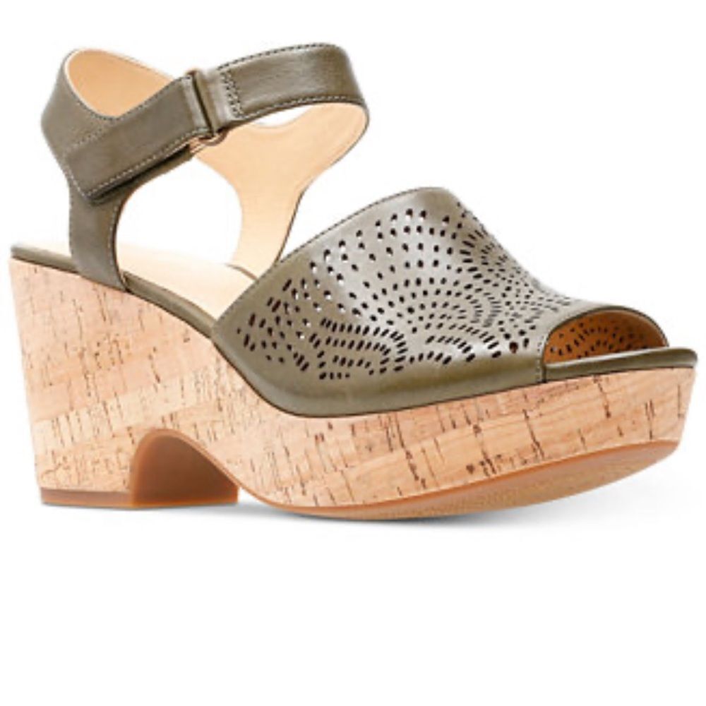 Clarks Olive Green Perforated Leather Cork Wedge Sandals with Ankle Strap